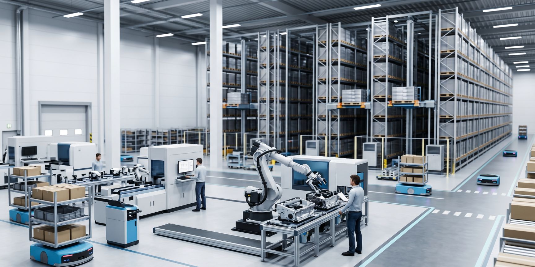 Interior view of state-of-the-art contract logistics hall with automated assembly and warehousing. Robotic arm and AMR move products for more resilient, local supply chains